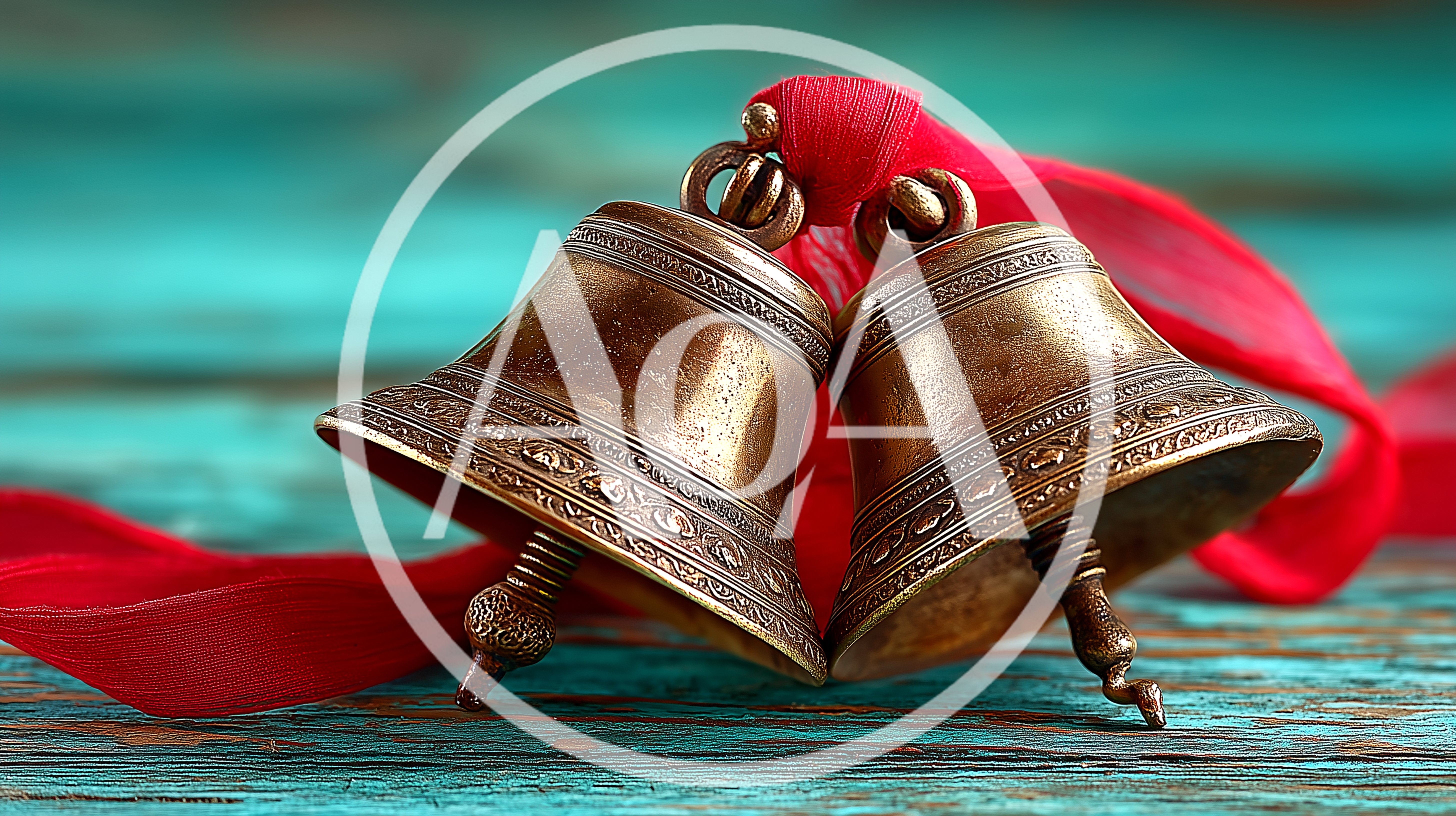 Two Antique Brass Bells With Red Ribbon