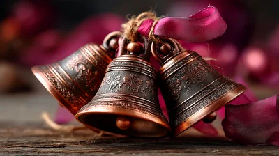 Three Ornate Bronze Christmas Bells With Purple Ribbon