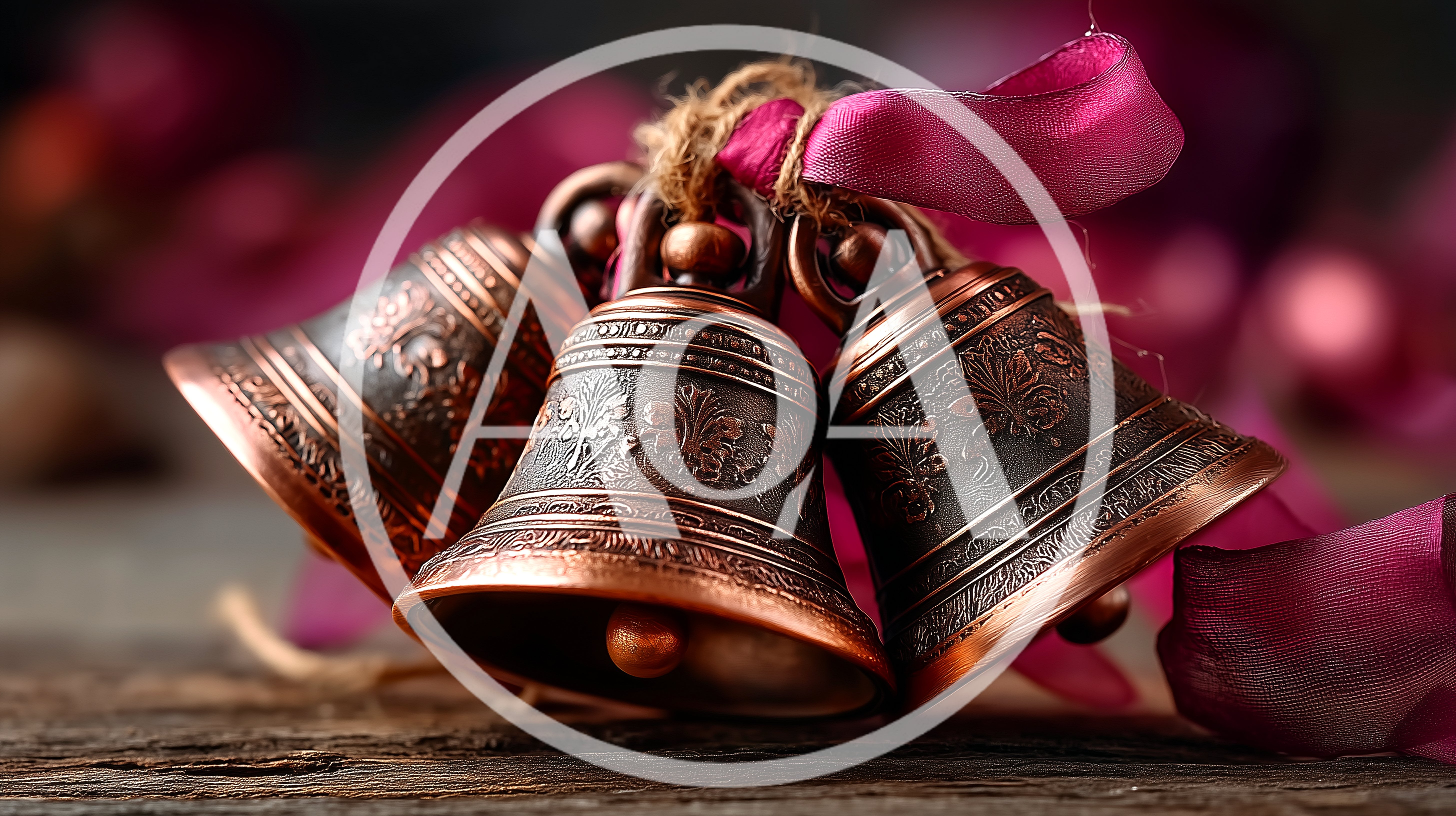 Three Ornate Bronze Christmas Bells With Purple Ribbon
