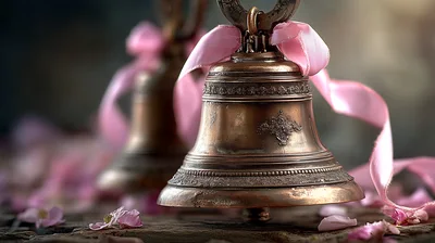 Two Antique Bronze Bells Decorated With Pink Ribbons
