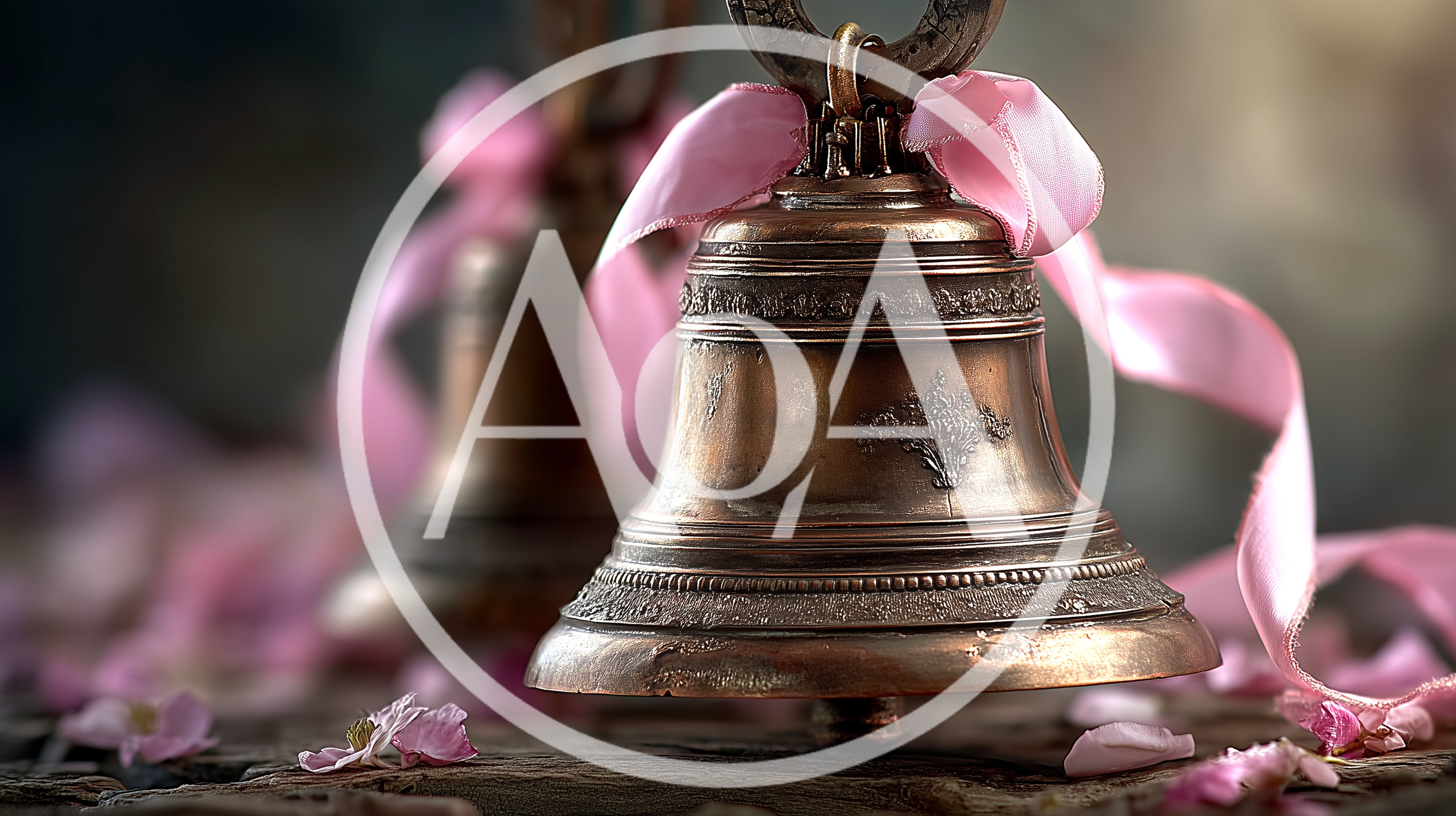 Two Antique Bronze Bells Decorated With Pink Ribbons