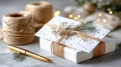 Stack Of Christmas Cards With Twine And Pen