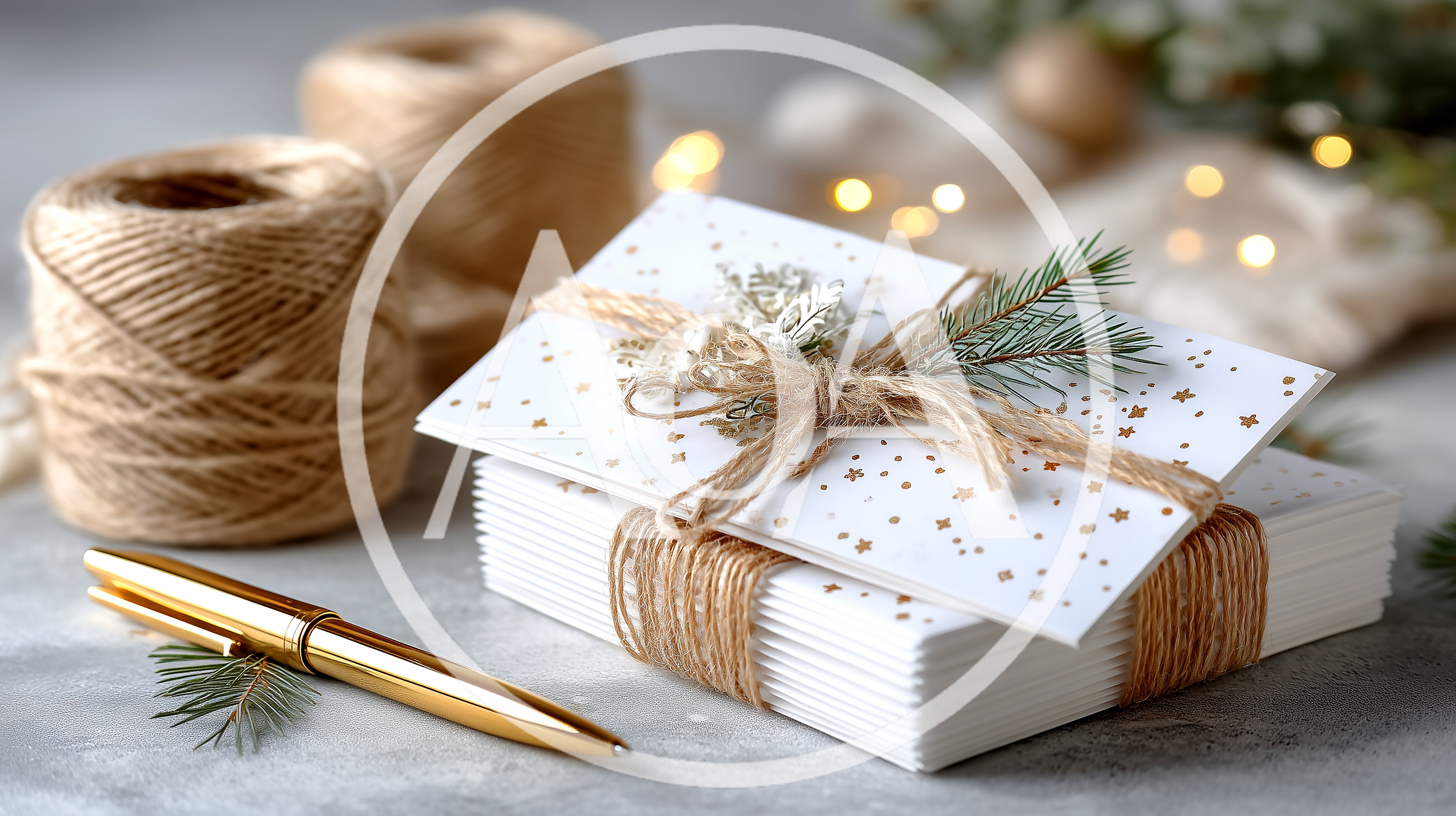 Stack Of Christmas Cards With Twine And Pen