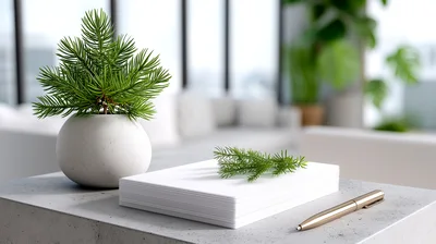 Minimalist Desk Setup With Potted Pine And Stationery