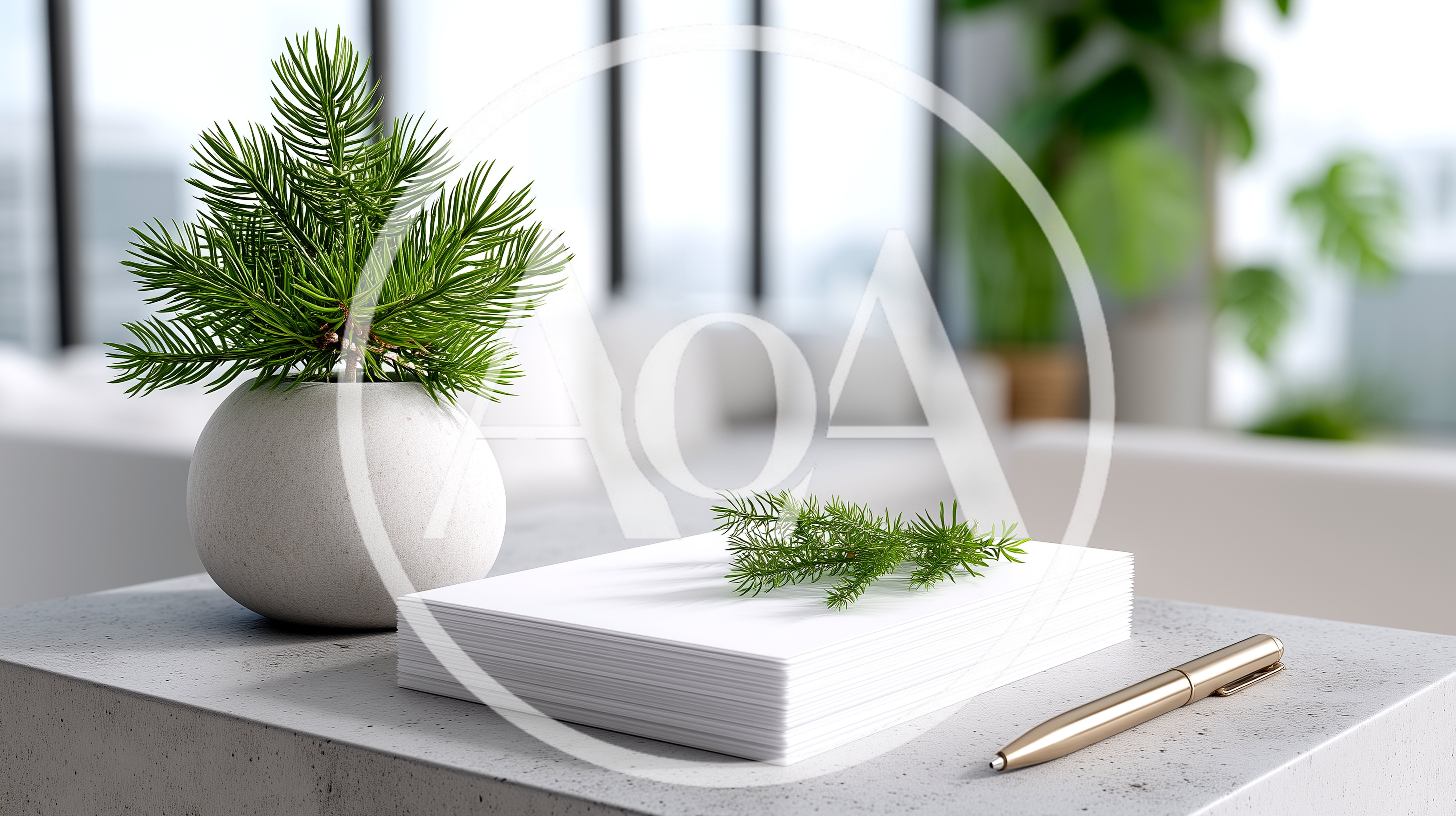Minimalist Desk Setup With Potted Pine And Stationery