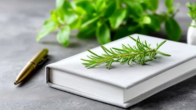 Rosemary Sprig Resting On A White Notebook