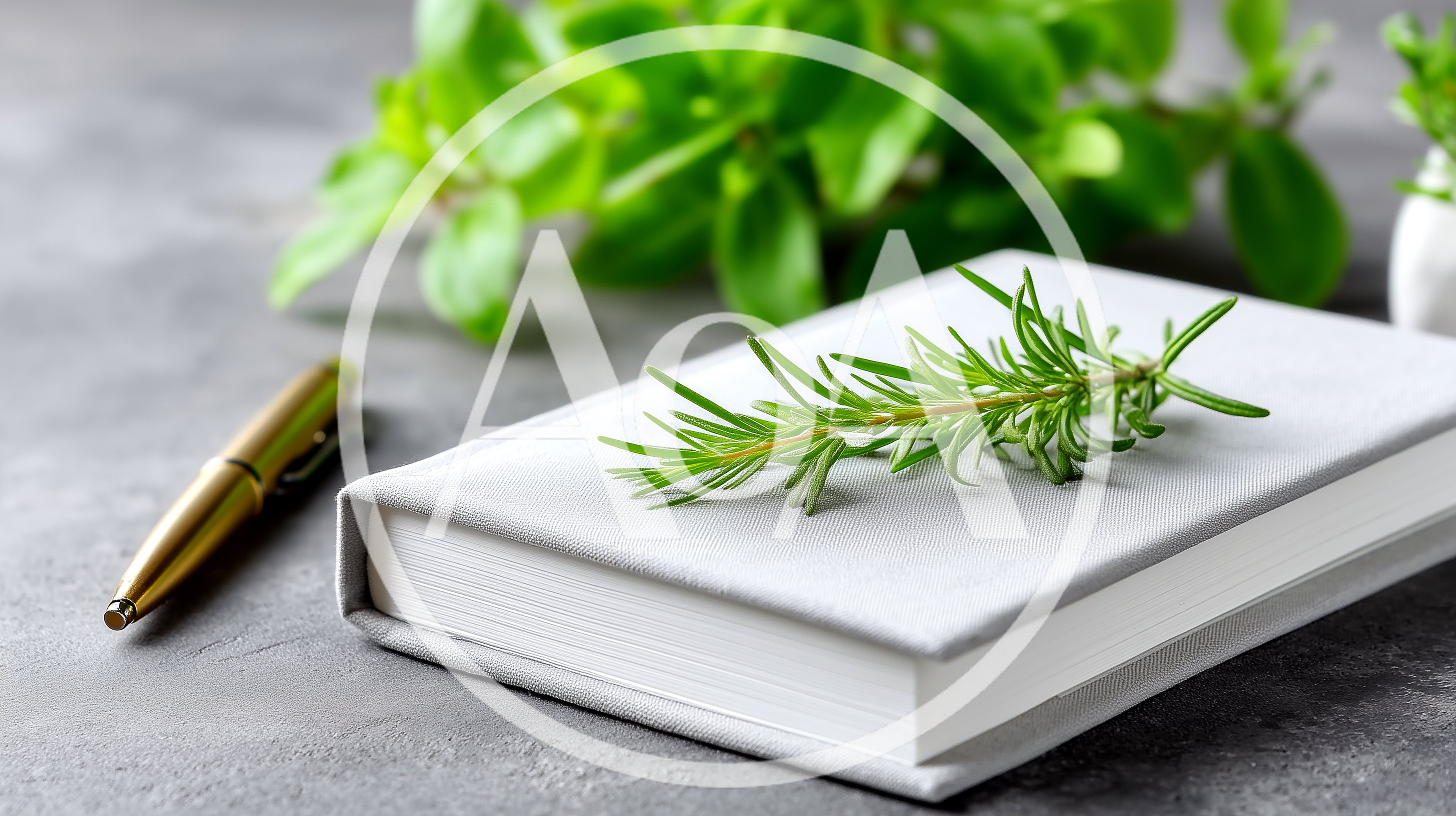 Rosemary Sprig Resting On A White Notebook