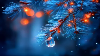Macro Water Droplet Hanging From Snowy Pine Needle