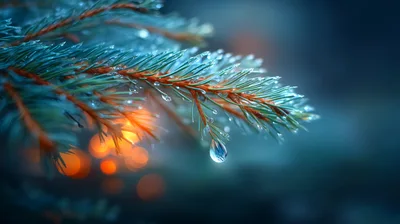 Dew Drops On Pine Needles With Bokeh Background