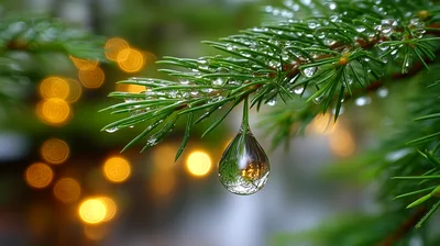 Raindrop Hanging From A Pine Needle With Bokeh Lights