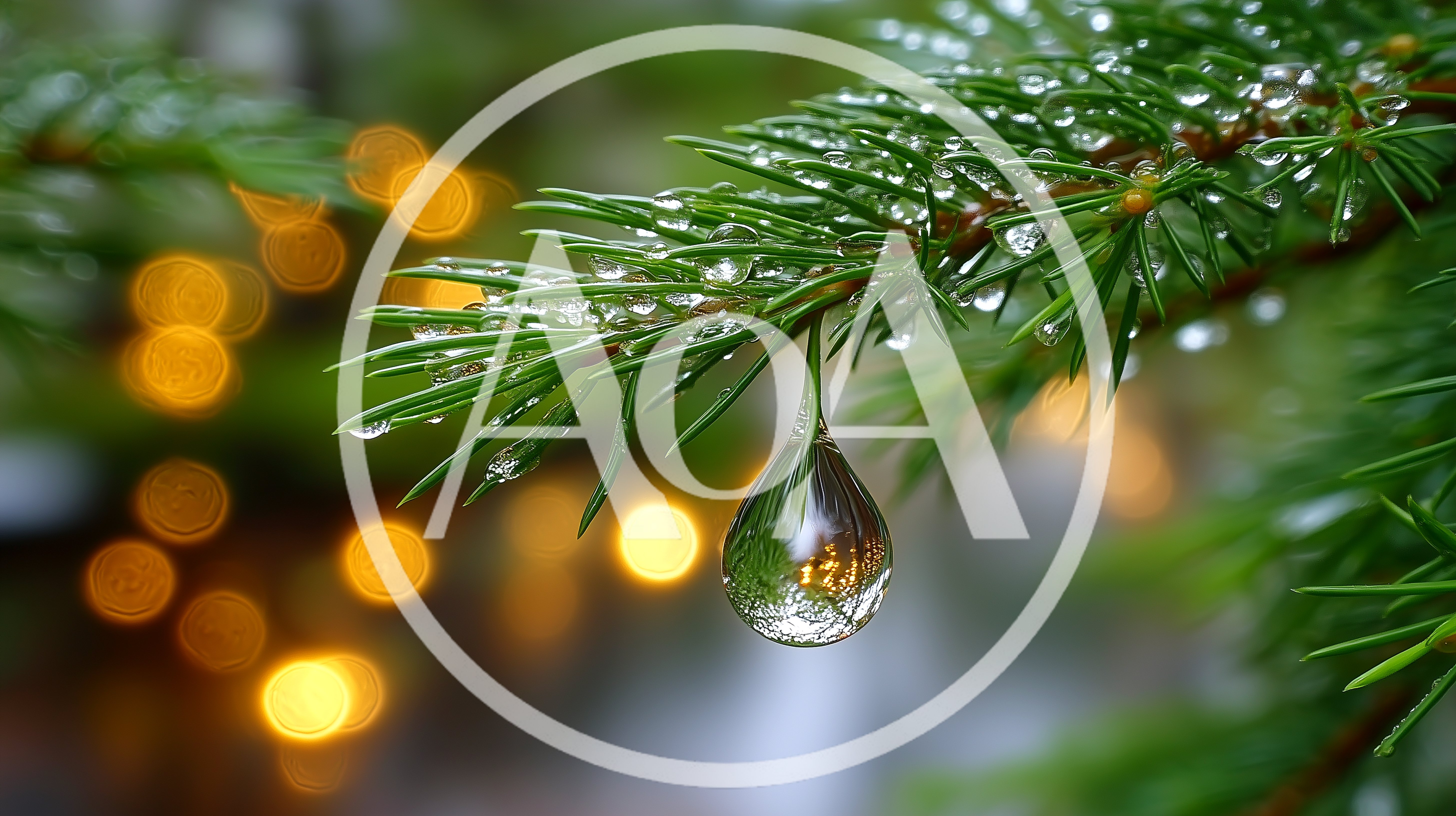 Raindrop Hanging From A Pine Needle With Bokeh Lights