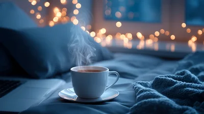 Steaming Cup Of Coffee On A Cozy Bed