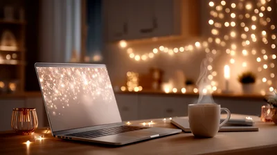 Laptop And Steaming Coffee Cup On Cozy Desk