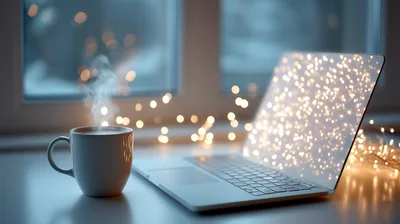 Steaming Coffee Cup Beside Laptop With Bokeh Lights