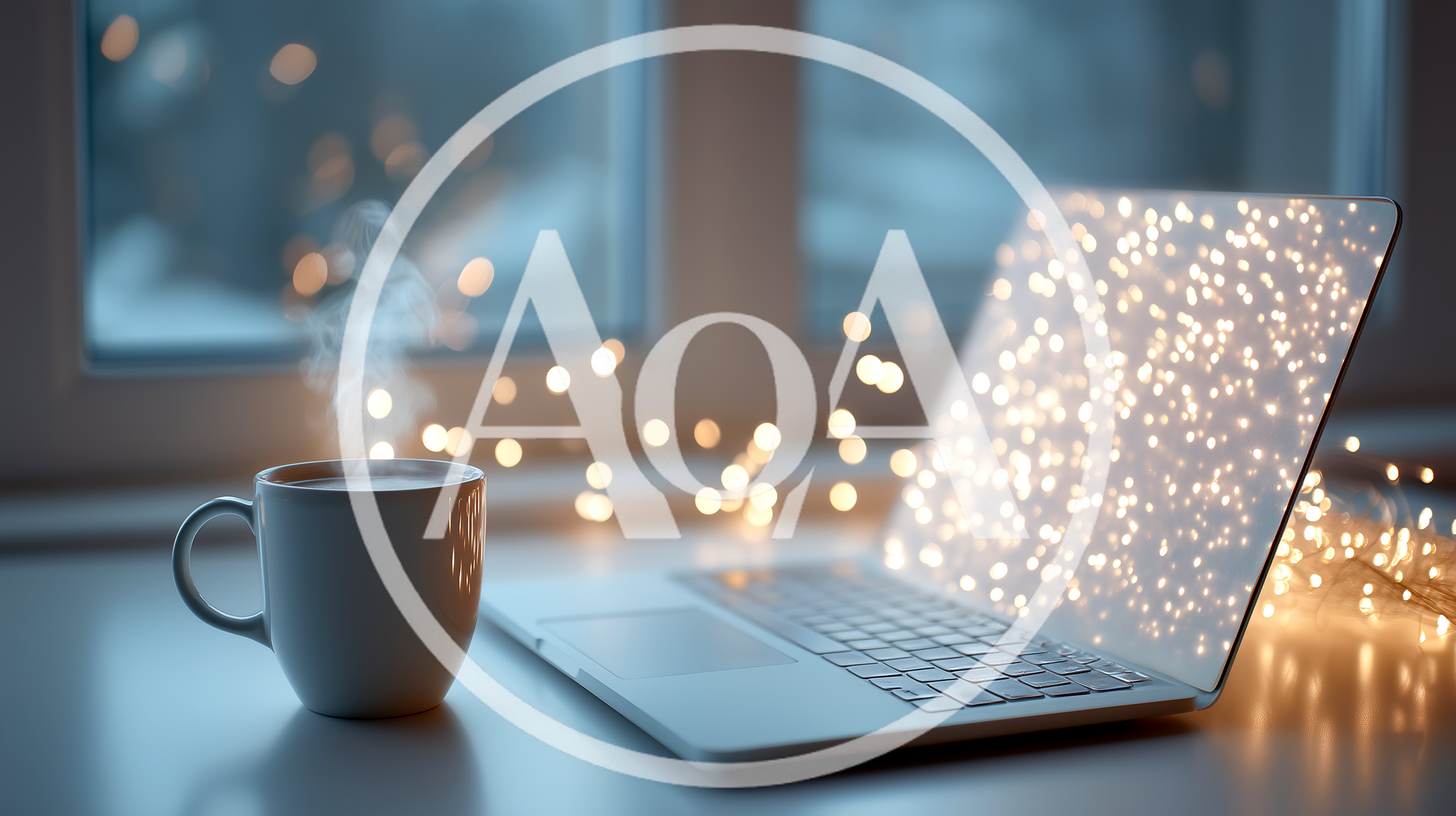 Steaming Coffee Cup Beside Laptop With Bokeh Lights