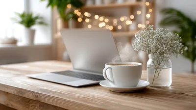 Laptop And Steaming Coffee Cup On Wooden Desk