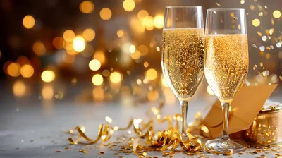Two Champagne Flutes With Golden Confetti And Ribbons