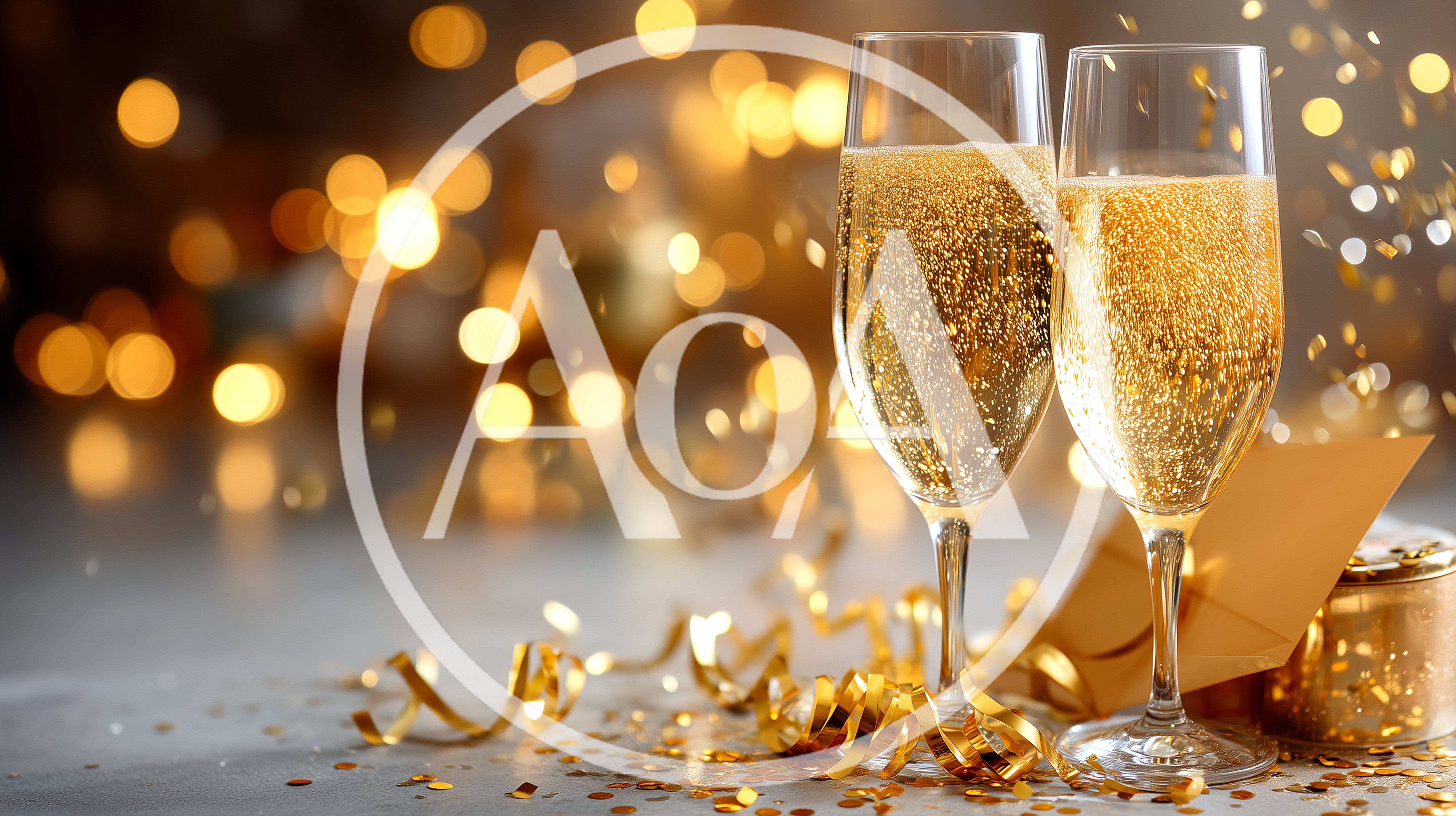 Two Champagne Flutes With Golden Confetti And Ribbons