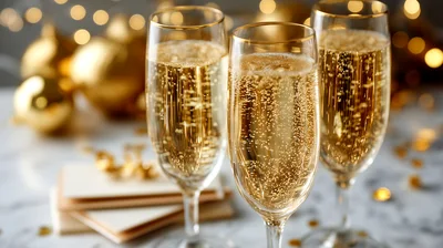Three Champagne Flutes With Golden Holiday Decorations