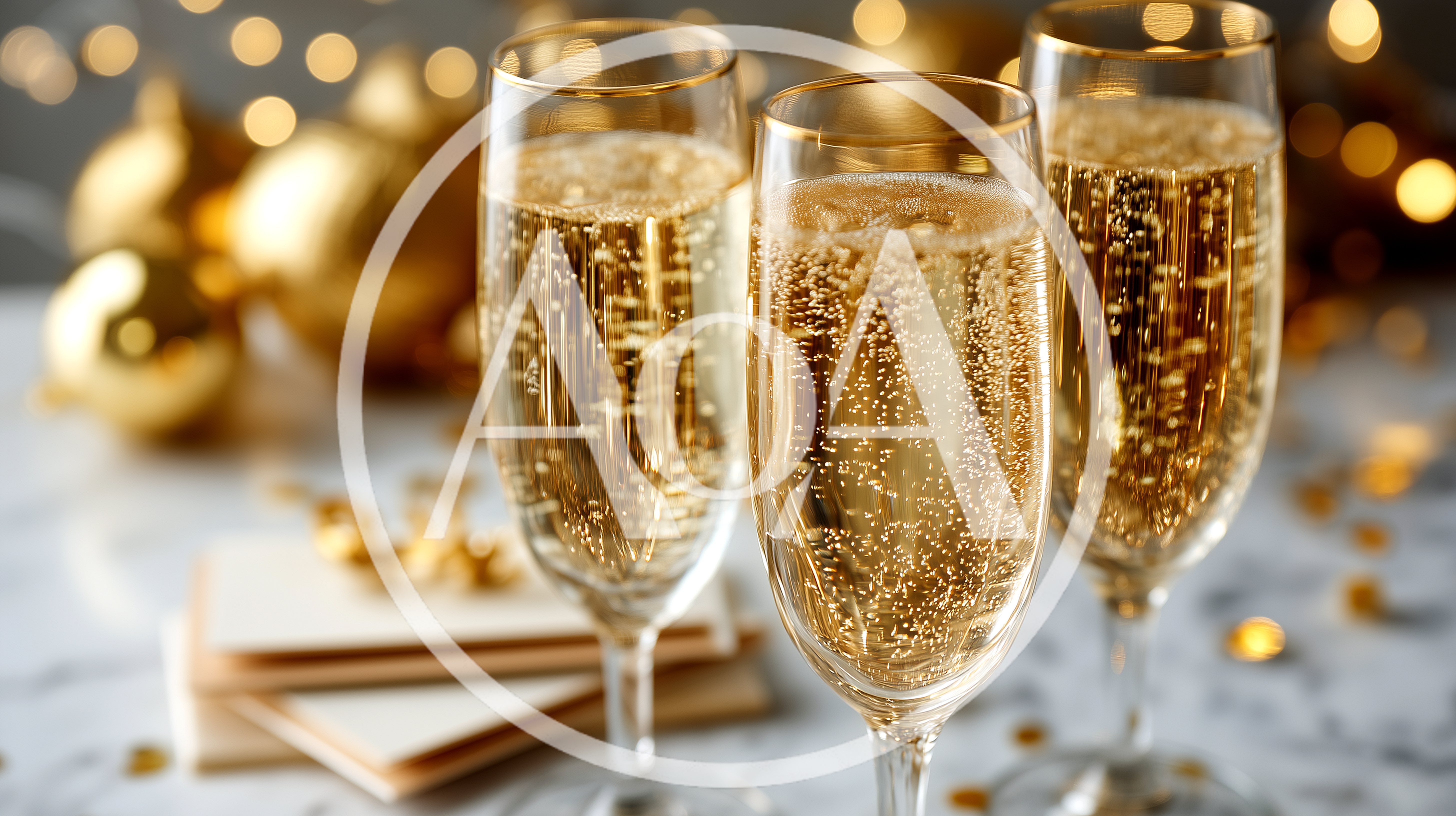 Three Champagne Flutes With Golden Holiday Decorations