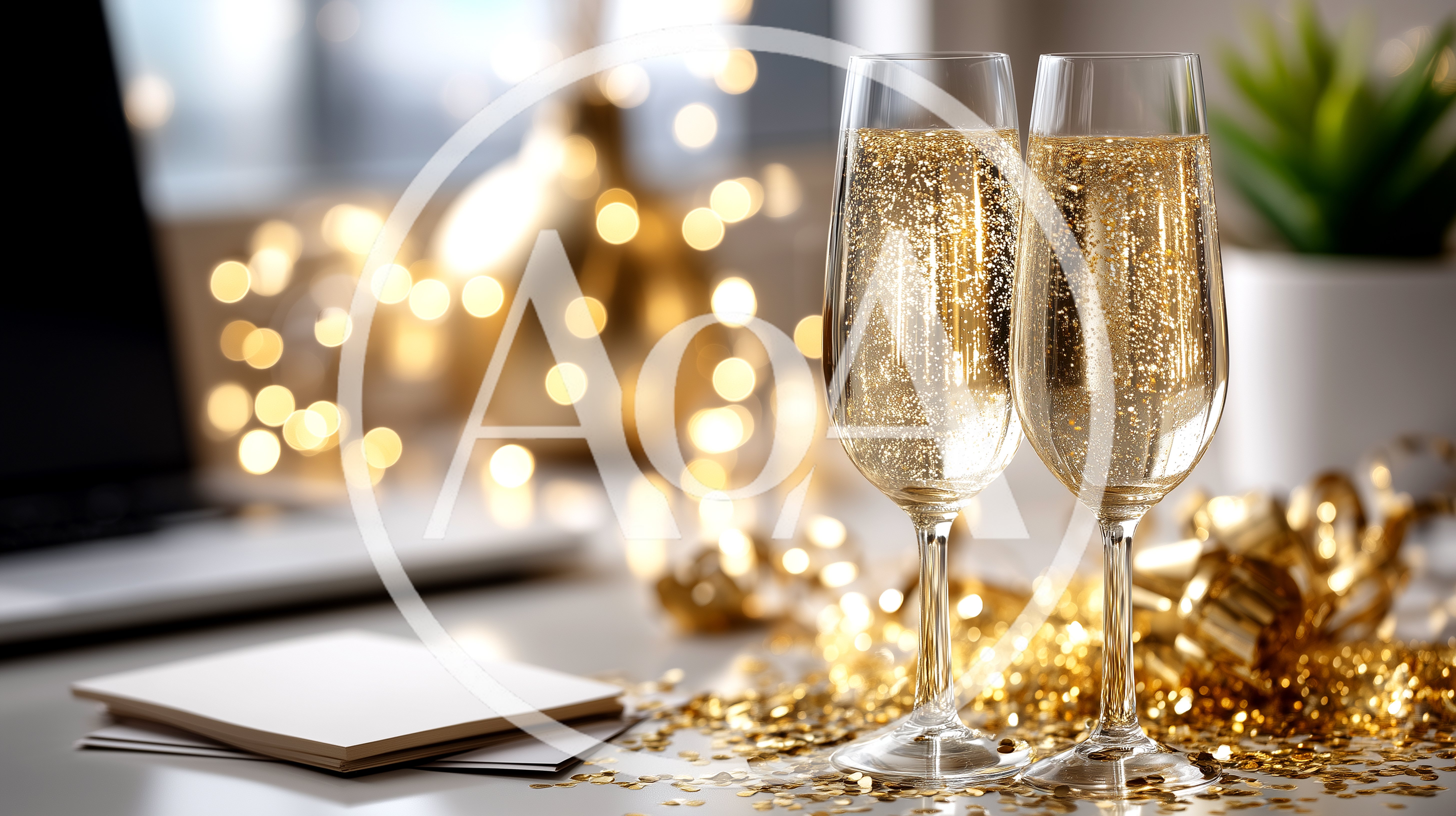 Two Champagne Flutes With Golden Confetti And Bokeh Lights