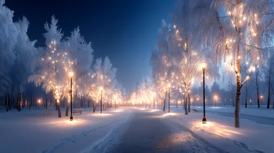 Winter Park Path With Glowing Fairy Lights