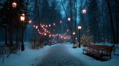Winter Park Pathway With Glowing String Lights