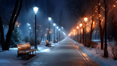 Snowy Park Pathway Illuminated By Streetlights At Night