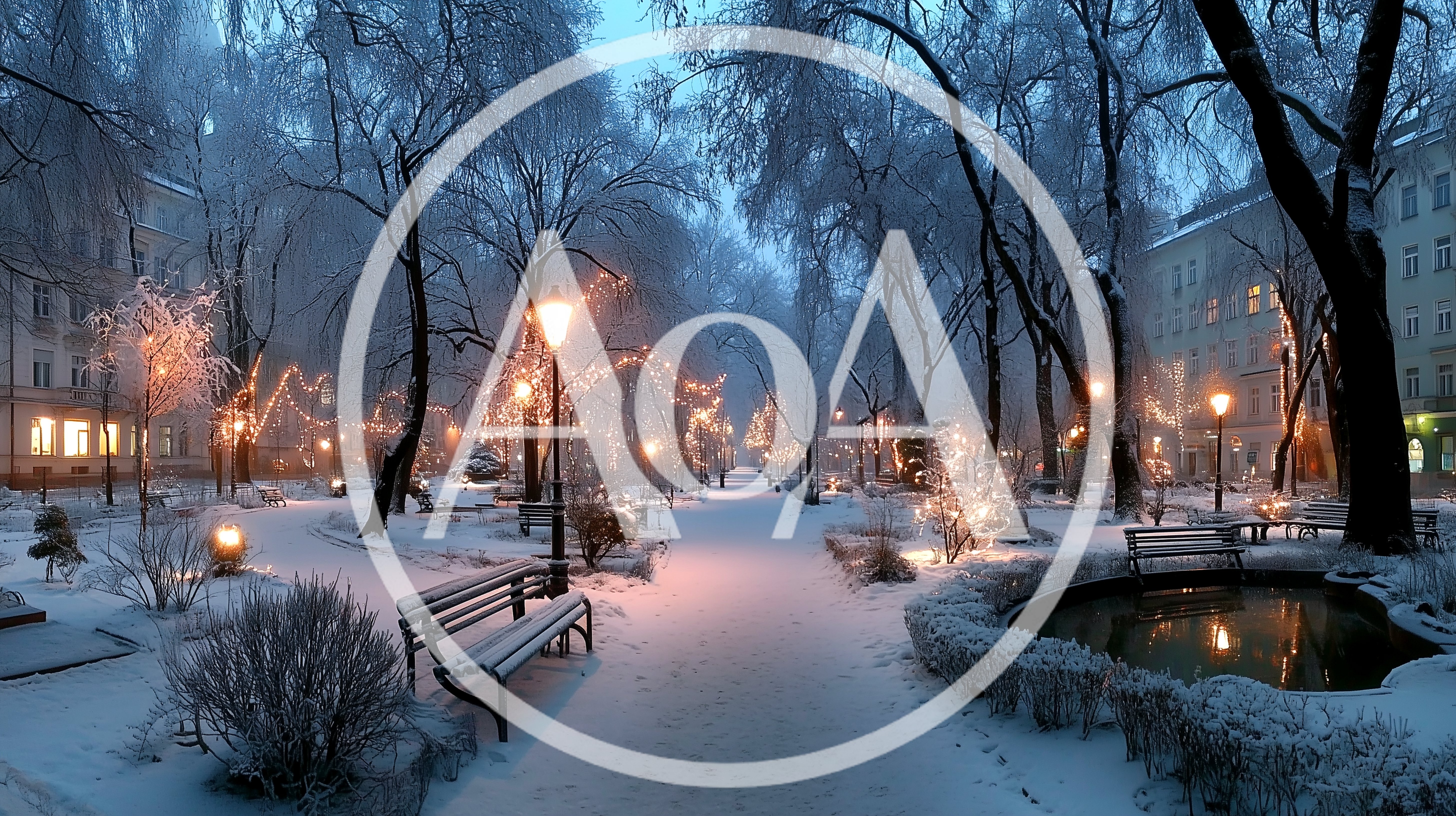 Snow Covered City Park At Twilight With Festive Lights
