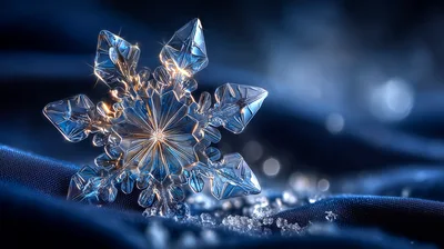 Crystal Snowflake Resting On Dark Blue Fabric