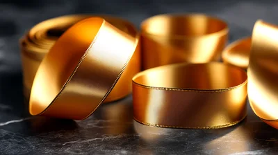 Gold Satin Ribbon Loops on Dark Marble Surface