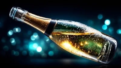 Champagne Bottle With Bubbles Against Bokeh Background