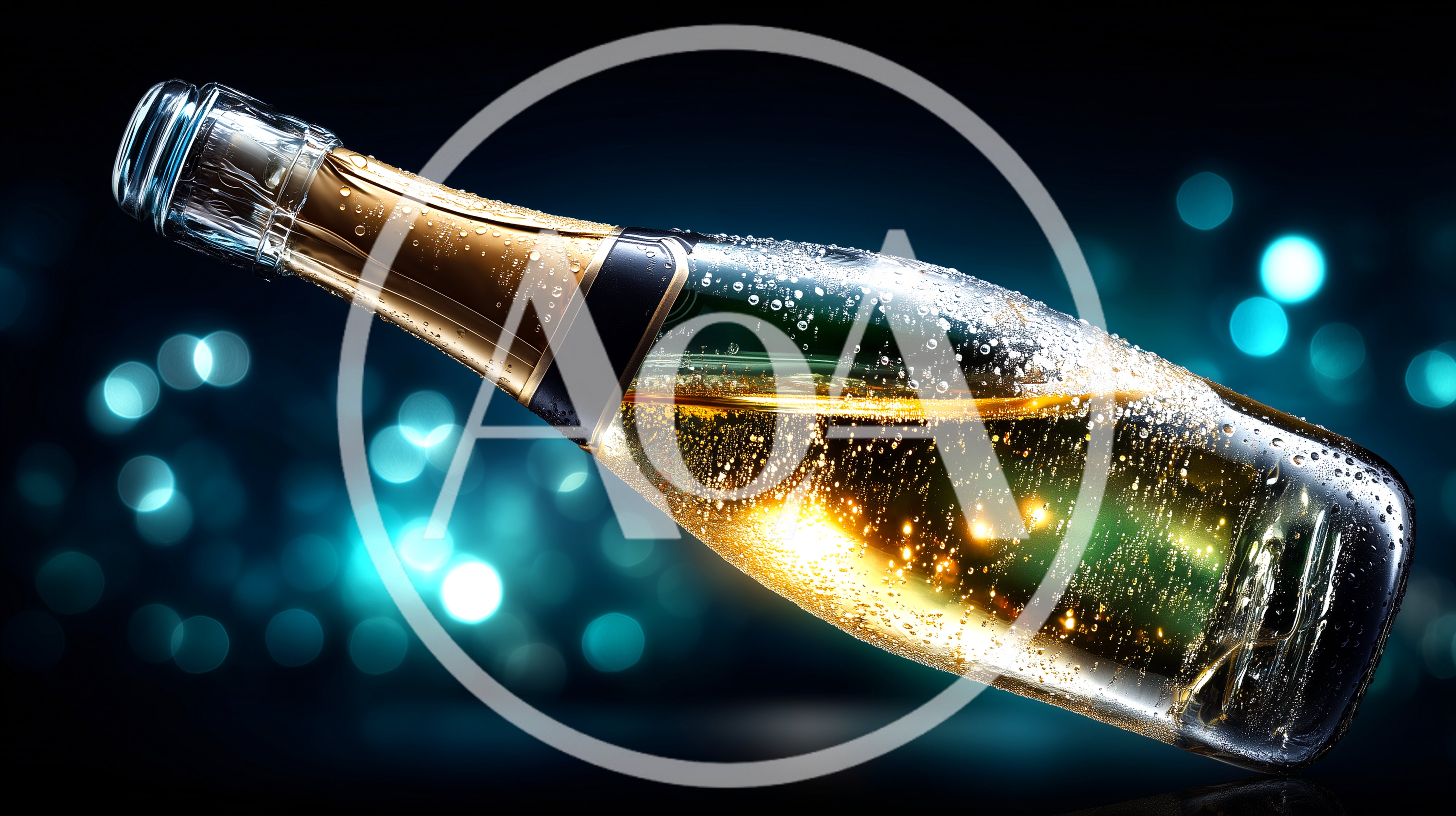 Champagne Bottle With Bubbles Against Bokeh Background