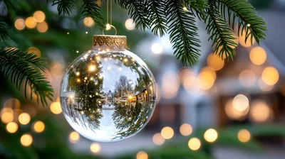 Clear Glass Christmas Ornament Hanging On Pine Branch