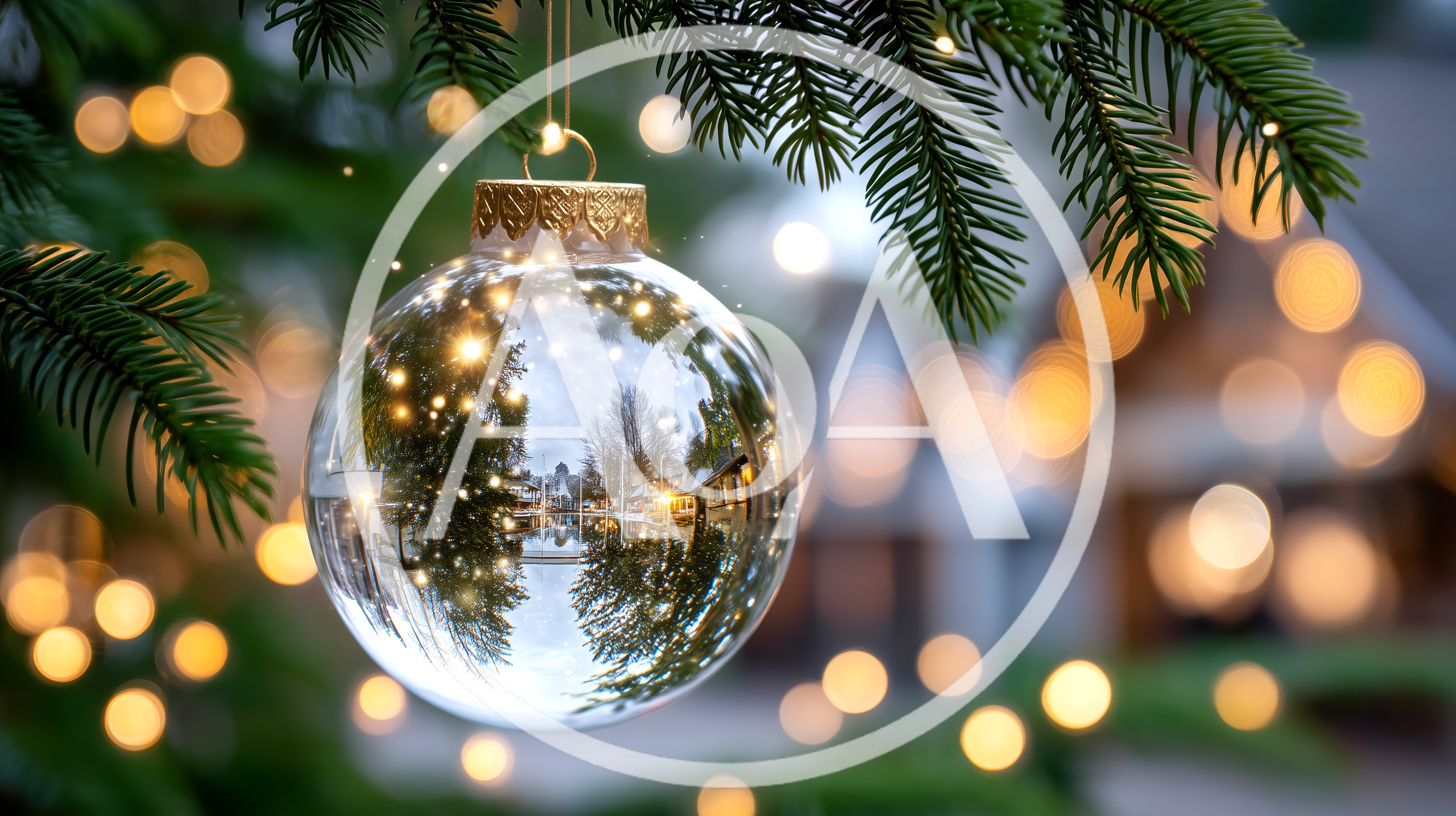 Clear Glass Christmas Ornament Hanging On Pine Branch
