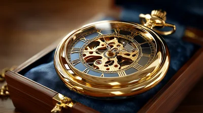 Golden Skeleton Pocket Watch in Wooden Presentation Box
