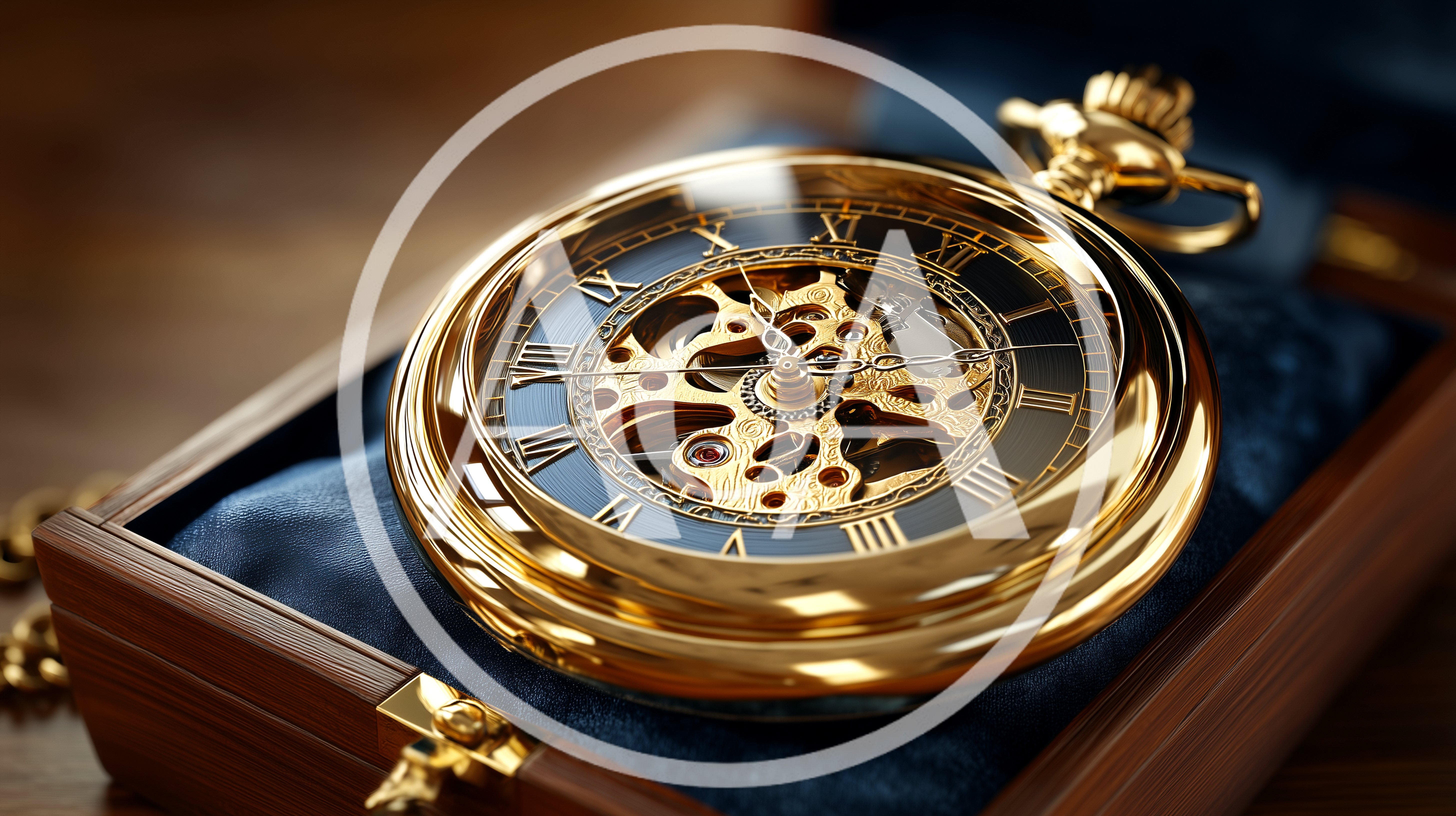 Golden Skeleton Pocket Watch in Wooden Presentation Box