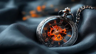Antique Skeleton Pocket Watch Resting On Dark Fabric
