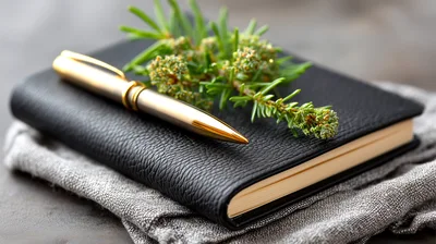 Gold Pen Resting On A Black Leather Journal