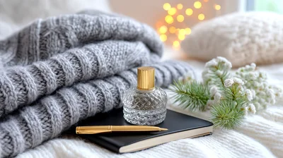 Cozy Winter Still Life With Perfume And Notebook