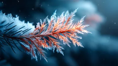 Frost Covered Pine Branch In Winter