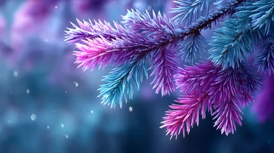Frosty Pine Branch With Vibrant Purple And Blue Tones