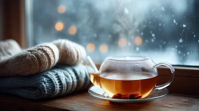 Steaming Glass Teapot On A Cozy Winter Window Sill