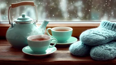 Teapot and Tea Cups on Wooden Window Sill