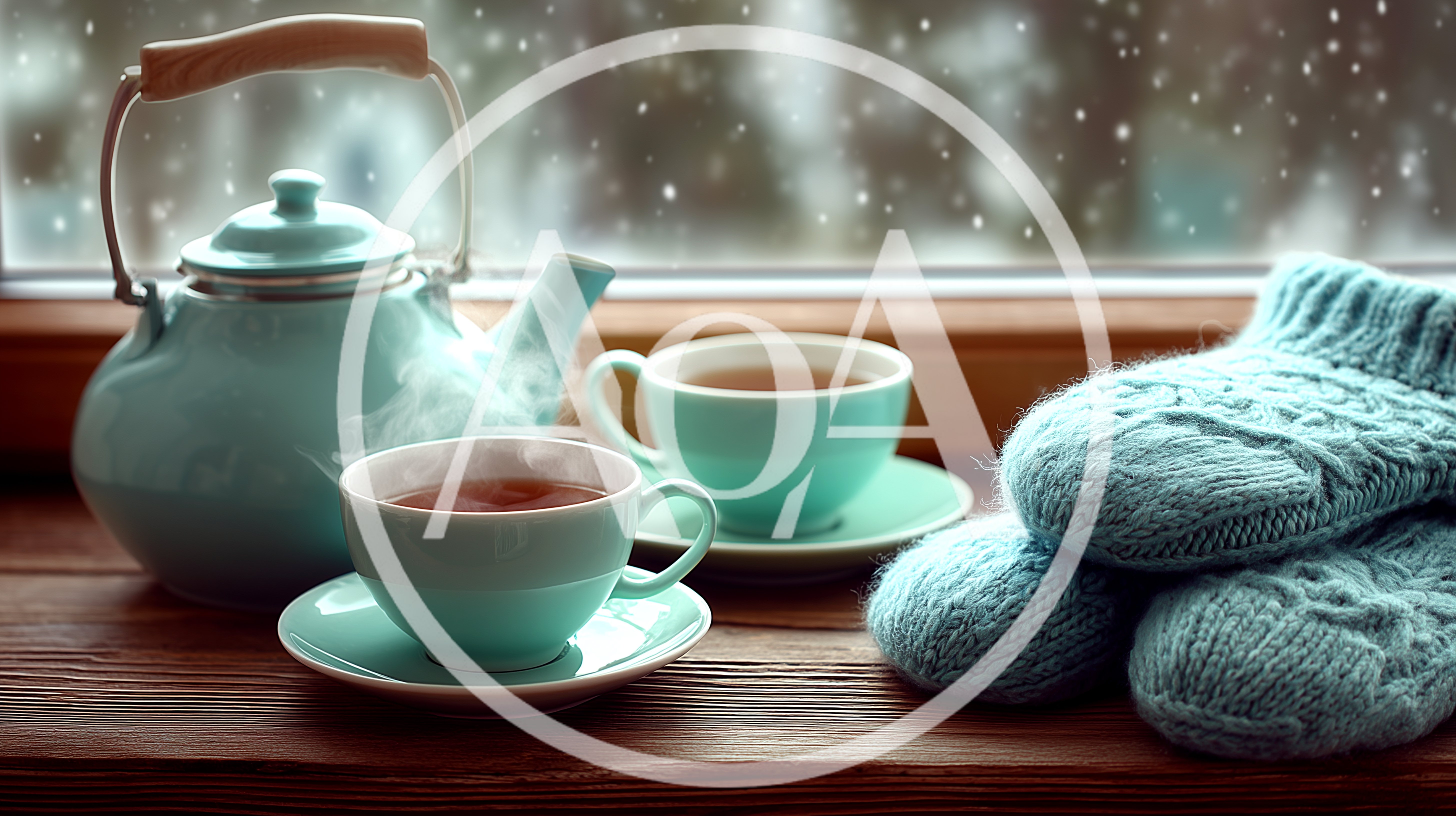 Teapot and Tea Cups on Wooden Window Sill