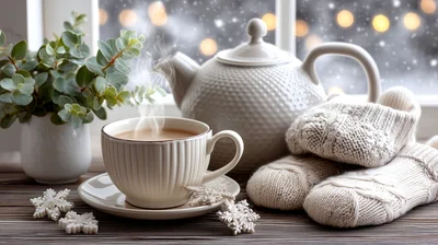 Cozy Winter Tea Setting With Knitted Slippers