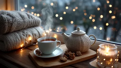 Cozy Winter Tea Setting With Steaming Cup And Teapot
