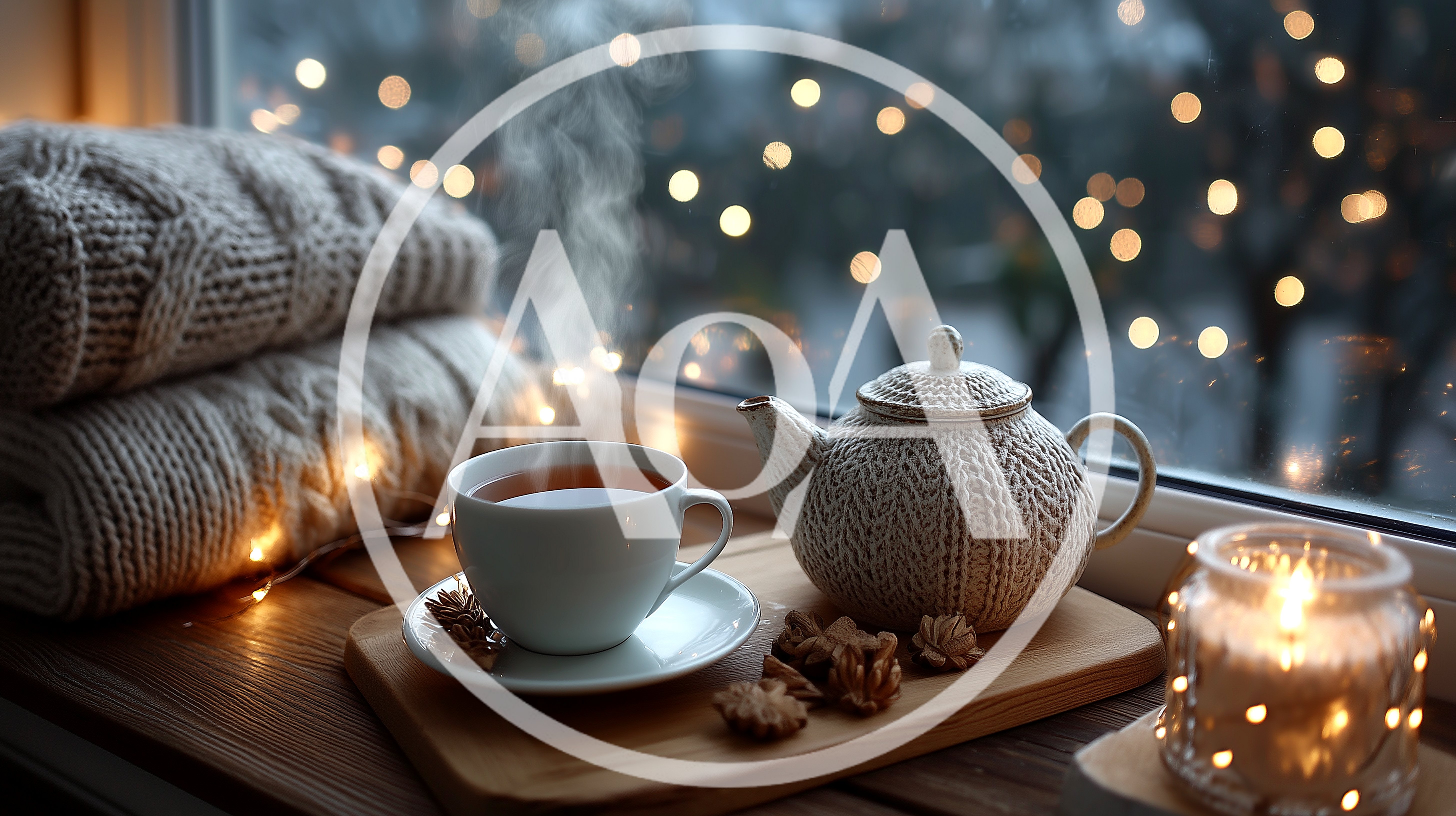 Cozy Winter Tea Setting With Steaming Cup And Teapot