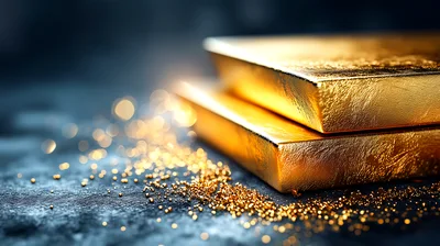 Two Stacked Gold Bars With Scattered Gold Dust