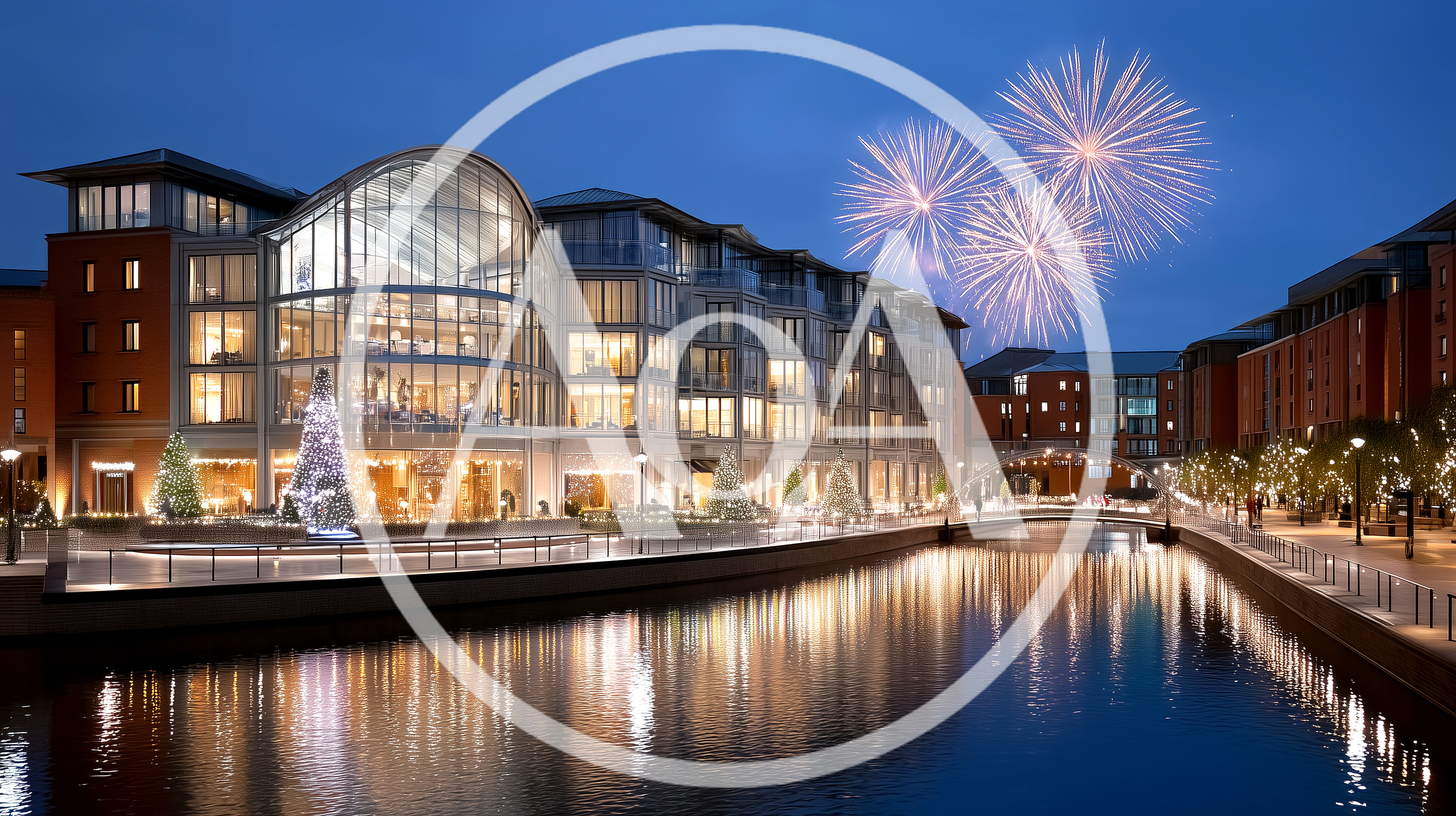 Fireworks Over Modern Waterfront Building At Night